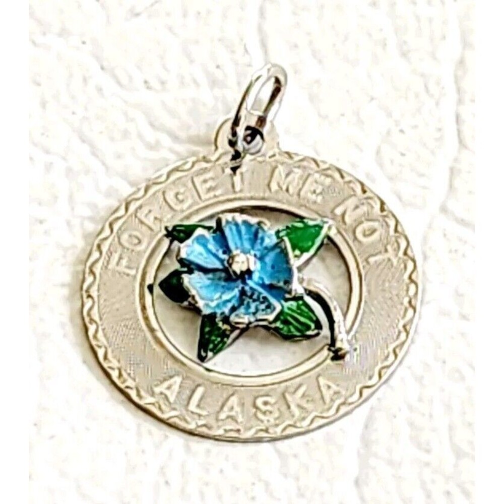 Vintage CREA Sterling Silver ALASKA Forget Me Not Round Disc Souvenir Charm 1"
